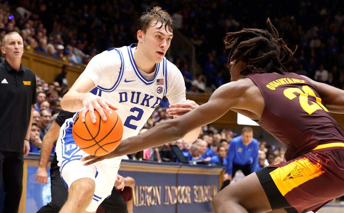 Duke’s Cooper Flagg (2) drives around Arizona State’s Jayden Quaintance (21) during the first half of Duke’s game against Arizona State in the Brotherhood Run Charity Game at Cameron Indoor Stadium in Durham, N.C., Sunday, Oct. 27, 2024.