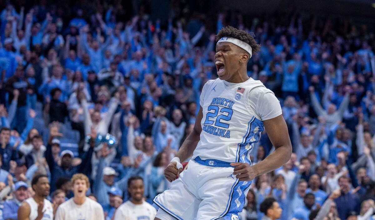 North Carolina forward Ven-Allen Lubin (22) reacts after a dunk to seal the Tar Heels’ 102-96 overtime victory over Boston College on Saturday, January 25, 2025 at the Smith Center in Chapel Hill, N.C.