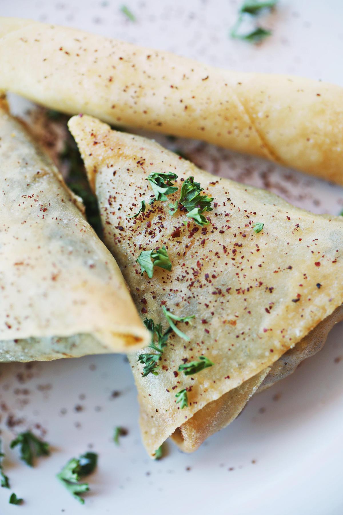 The sambosas are similar to Indian samosas, but with a delicate pastry crust at Habibi Grill & Bakery in Raleigh. They come in beef, cheese, and veggie.