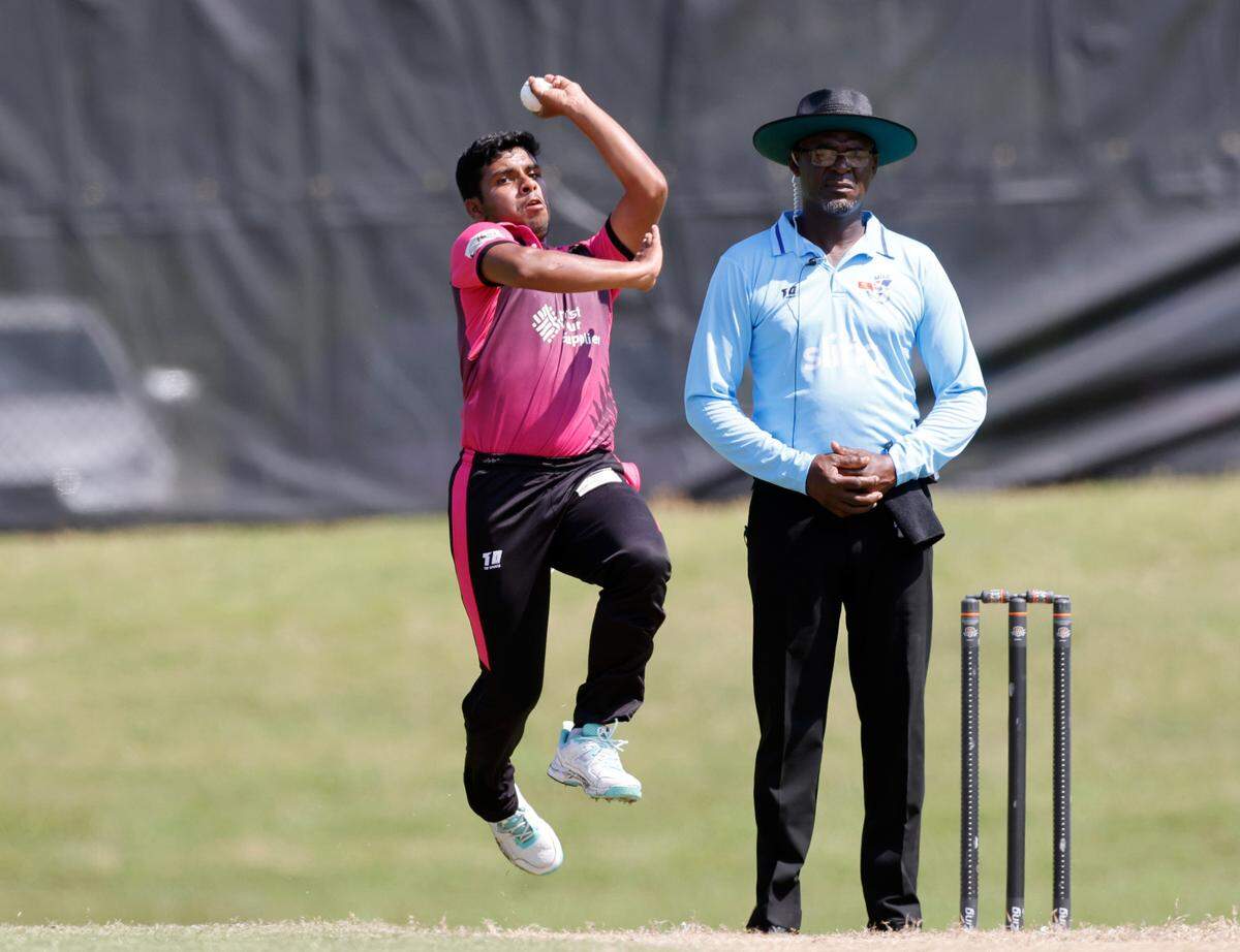 Bowler Aditya Padala prepares to bowl a ball during a match between the Morrisville Cardinals and the Atlanta Param Veers during the inaugural Toyota Minor League Cricket Championship at Church Street Park in Morrisville, N.C., Sunday, August 8, 2021.