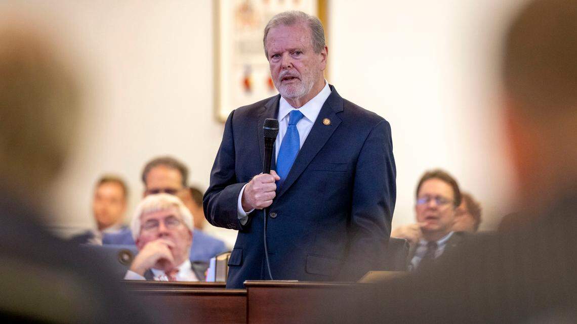 Senate leader Phil Berger addresses his colleagues, explaining why he is now leading the passage of Medicaid expansion after many years of opposing the legislation on Wednesday, June 1, 2022 the General Assembly in Raleigh, N.C.