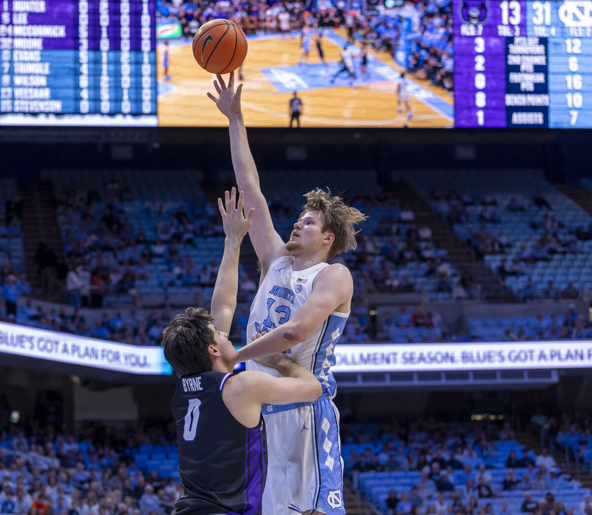 North Carolina center Henri Veesaar (13) puts up a shot over Central Arkansas forward Truman Byrne (0) in the first half on November 3, 2025 at the Smith Center in Chapel Hill, N.C.