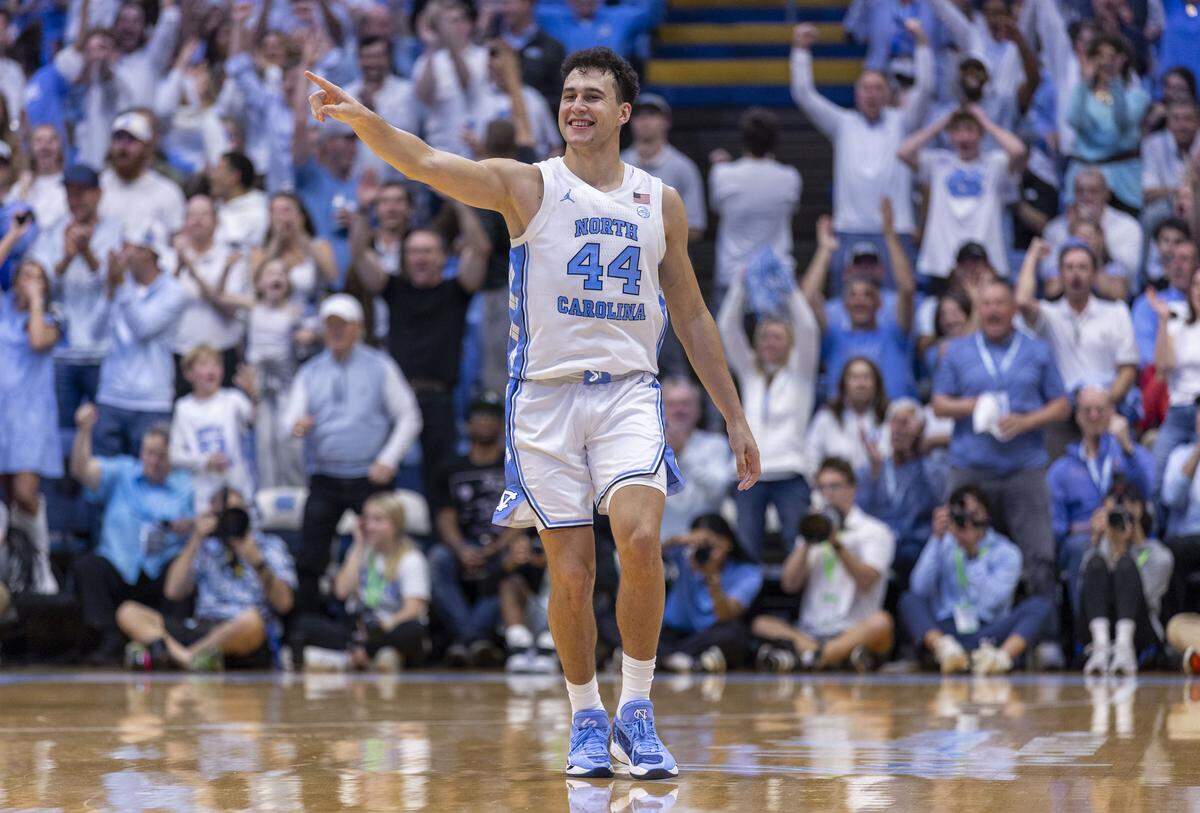 North Carolina guard Luka Bogavac (44) reacts after sinking a three-point basket to give the Tar Heels a 73-57 lead in the second half on Friday, November 7, 2025 at the Smith Center in Chapel Hill, N.C.
