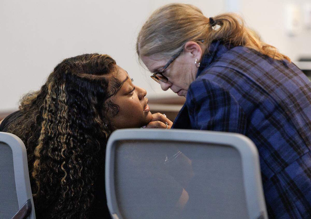 Brenay Kennard confers with her attorney, Kelly Fairman, during a hearing on Tuesday, March 24, 2026, in Durham County Superior Court regarding a motion Kennard filed to stay the enforcement of a November 2025 order for her to pay $1.75 million to Akira Montague for alienation of affection and criminal conversation. 