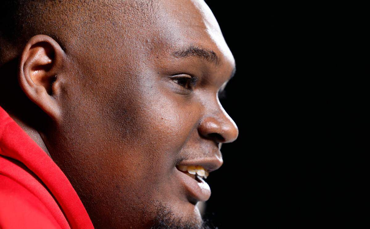 N.C. State’s DJ Burns Jr. talks during a breakout media session before the Wolfpack’s practice at State Farm Stadium in Glendale, Ariz., Friday, April 5, 2024. The Wolfpack will face Purdue in the NCAA Tournament national semifinals Saturday.
