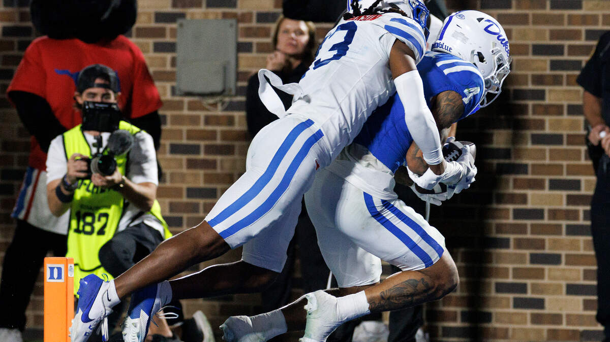 Duke’s Eli Pancol scores a touchdown in overtime of the Blue Devils’ 28-27 loss to Southern Methodist on Saturday, Oct. 26, 2024, at Wallace Wade Stadium in Durham, N.C.