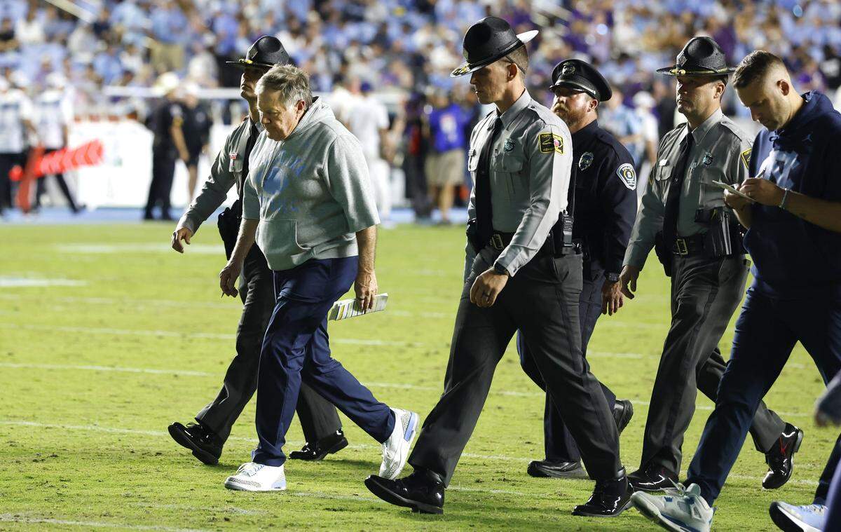 North Carolina head coach Bill Belichick walks off the field at the end of the first half during UNC’s game against TCU at Kenan Stadium in Chapel Hill, N.C., Monday, Sept. 1, 2025.