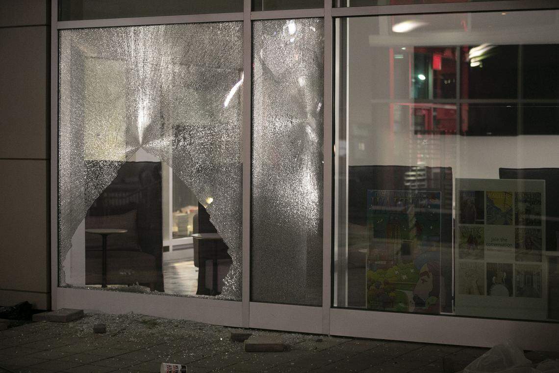Large plate glass windows at Fayetteville Street office of The News & Observer were shattered Saturday night, May 30, 2020 by rioters.