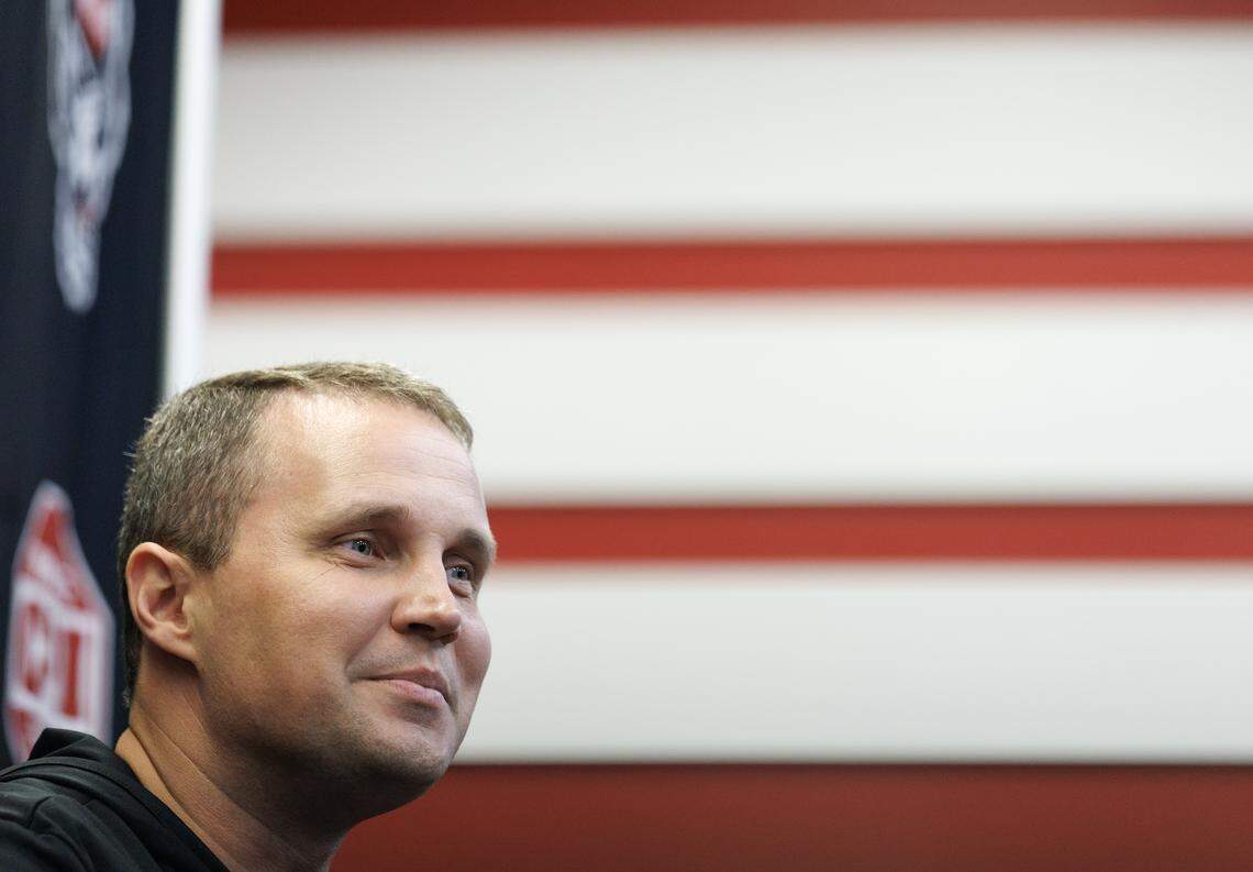 N.C. State head coach Will Wade smiles while speaking with reporters during media day at Dail Basketball Center on Monday, Sept. 22, 2025, in Raleigh, N.C.