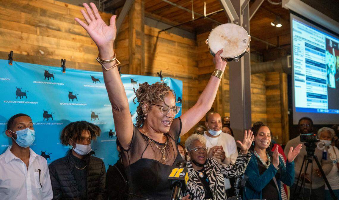 Newly elected Durham Mayor, Elaine O’Neal performs the gospel song ‘You saved my life’ with her tambourine after giving her acceptance speech at The Rickhouse event space on Tuesday, November 2, 2021 in Durham, N.C.