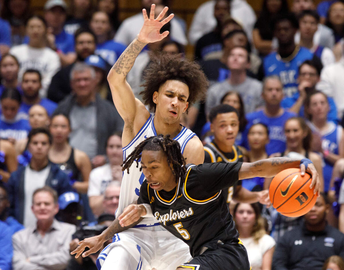 Duke’s Tyrese Proctor pressures La Salle’s Khalil Brantley during the second half of the Blue Devils’ 95-66 win on Tuesday, Nov. 21, 2023, at Cameron Indoor Stadium in Durham, N.C.