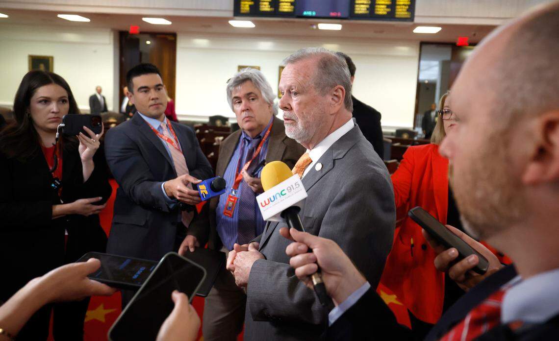 President Pro Tempore Sen. Phil Berger answers questions during a media gaggle on the first day of the the General Assembly’s short session in Raleigh, N.C., Wednesday, April 24, 2024.