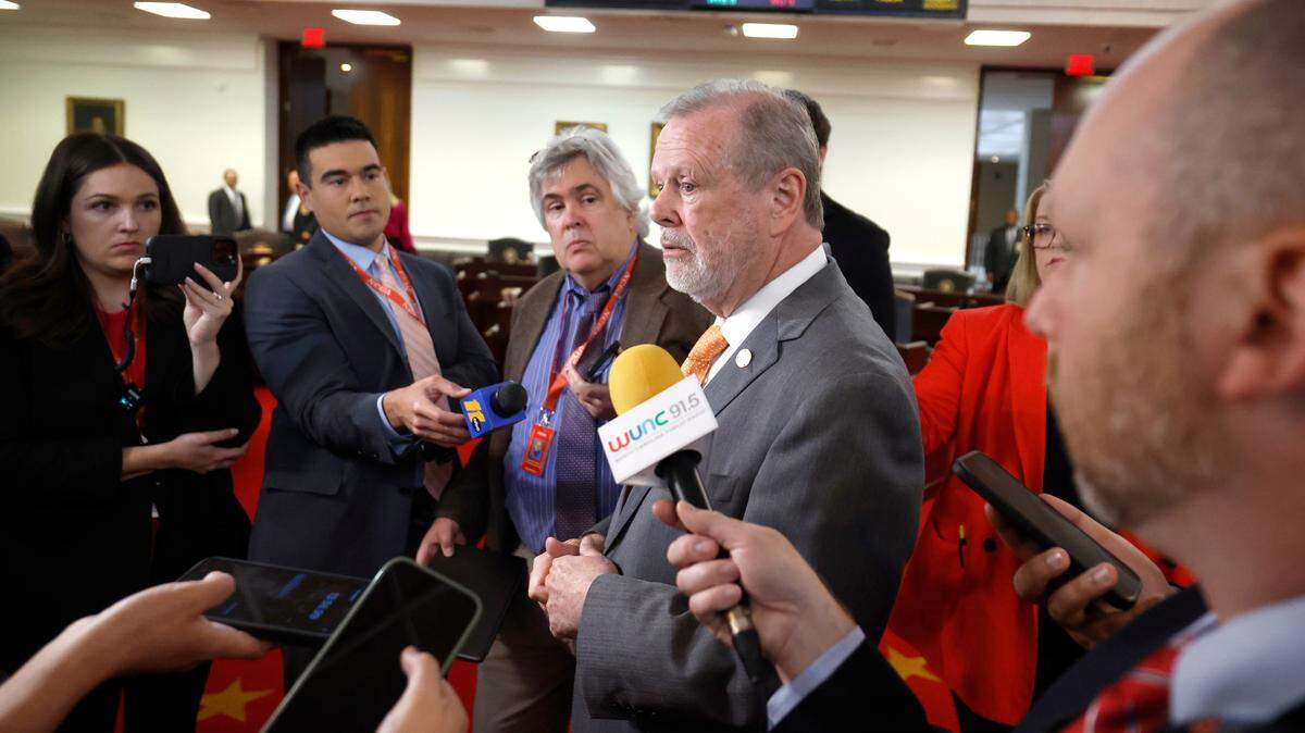 President Pro Tempore Sen. Phil Berger answers questions during a media gaggle on the first day of the the General Assembly’s short session in Raleigh, N.C., Wednesday, April 24, 2024.