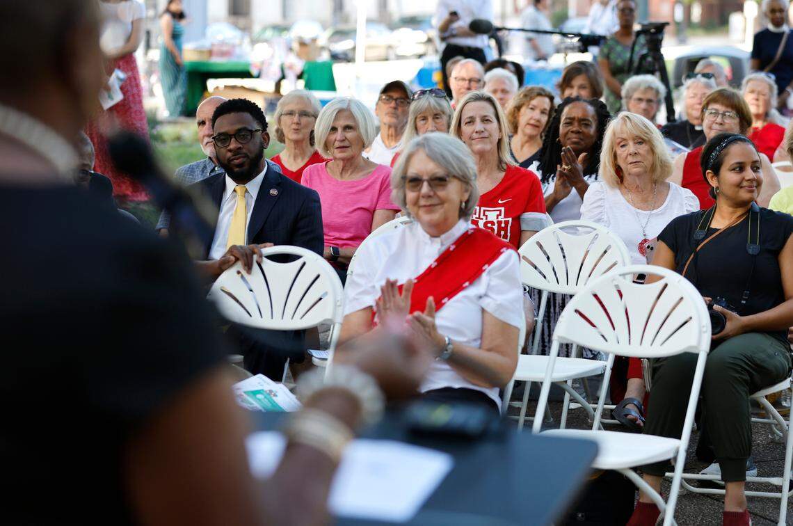 The crowd listens to Jackie McLean, Hoke County NAACP president, during a press conference held by Every Child NC in Raleigh, N.C. Wednesday, August 31, 2022. The press conference was held to urge the N.C. Supreme Court to order the state to fund the Leandro plan.