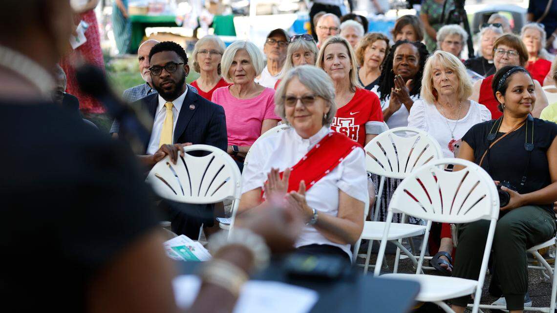 The crowd listens to Jackie McLean, Hoke County NAACP president, during a press conference held by Every Child NC in Raleigh, N.C. Wednesday, August 31, 2022. The press conference was held to urge the N.C. Supreme Court to order the state to fund the Leandro plan.