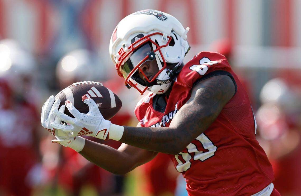 N.C. State wide receiver Terrell Anderson (80) pulls in the reception during the Wolfpack’s first practice in Raleigh, N.C., Wednesday, July 31, 2024.