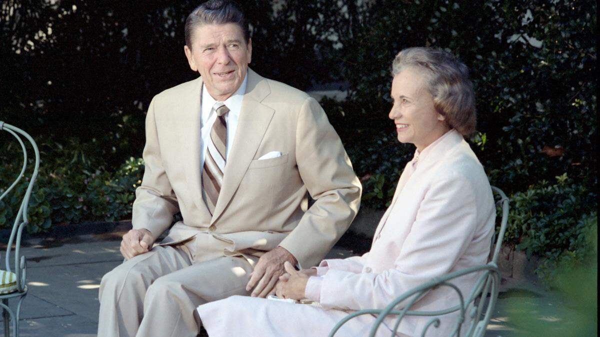 President Reagan and his Supreme Court Justice nominee Sandra Day O’Connor at the White House rose garden, July 15, 1981. O’Connor is the subject of a new American Experience documentary, “Sandra Day O’Connor: The First,” on PBS.