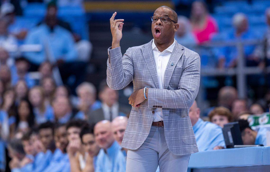 North Carolina coach Hubert Davis directs his team in the first half against Radford on Monday, November 6, 2023 at the Dean Smith Center in Chapel Hill, N.C.