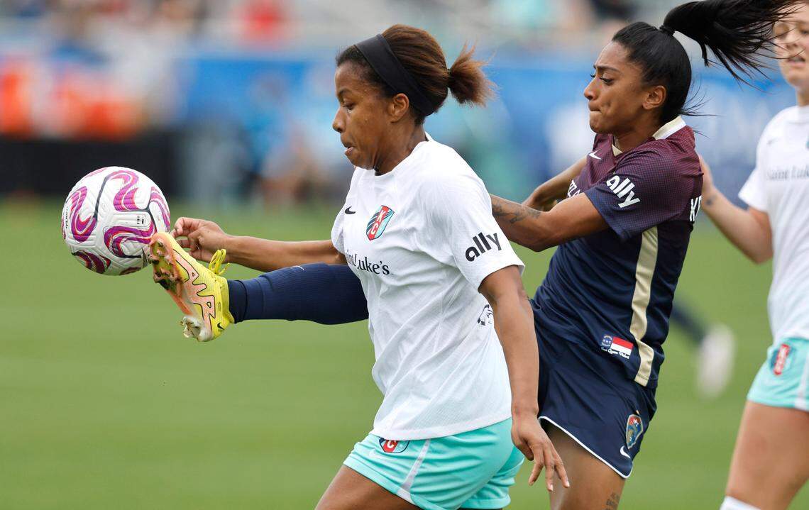 North Carolina forward Kerolin (9), right, battles with Kansas City defender Elizabeth Ball (7) during the first half of the Courage’s game against the Current at WakeMed Soccer Park in Cary, N.C., Saturday, March 25, 2023.