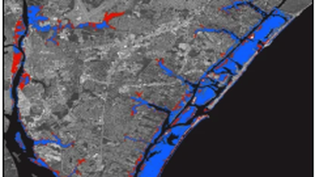 Researchers have evaluated how sinking land could worsen the threat from sea level rise in coastal areas throughout the country. This map shows Wilmington, with high-tide flooding areas from 2020 in blue and areas that are projected to see high-tide flooding when subsidence is accounted for in red.