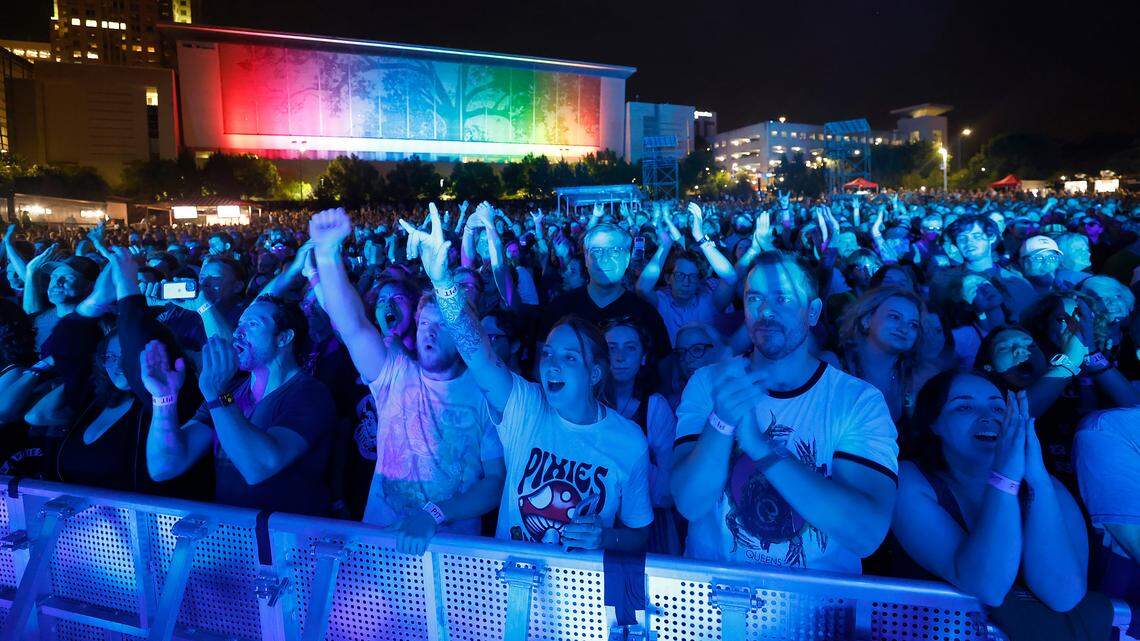 The crowd cheers on the Pixies as they play at Red Hat Amphitheater in Raleigh, N.C., during their North American tour on Friday, June 16, 2023.