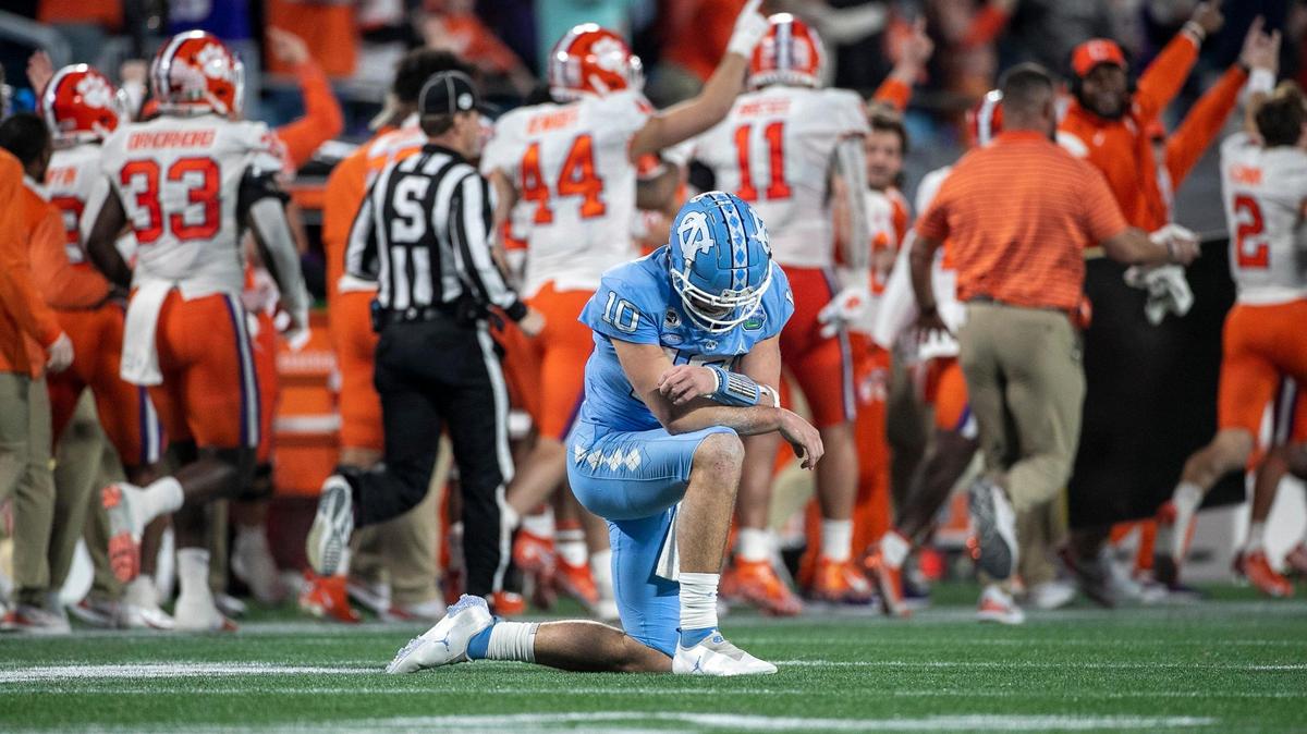 North Carolina quarterback Drake Maye (10) reacts after being intercepted by Clemson’s Nate Wiggins, who returned the ball for a touchdown in the third quarter, during the ACC Championship game on Saturday, December 3, 2022 at Bank of American Stadium in Charlotte, N.C.