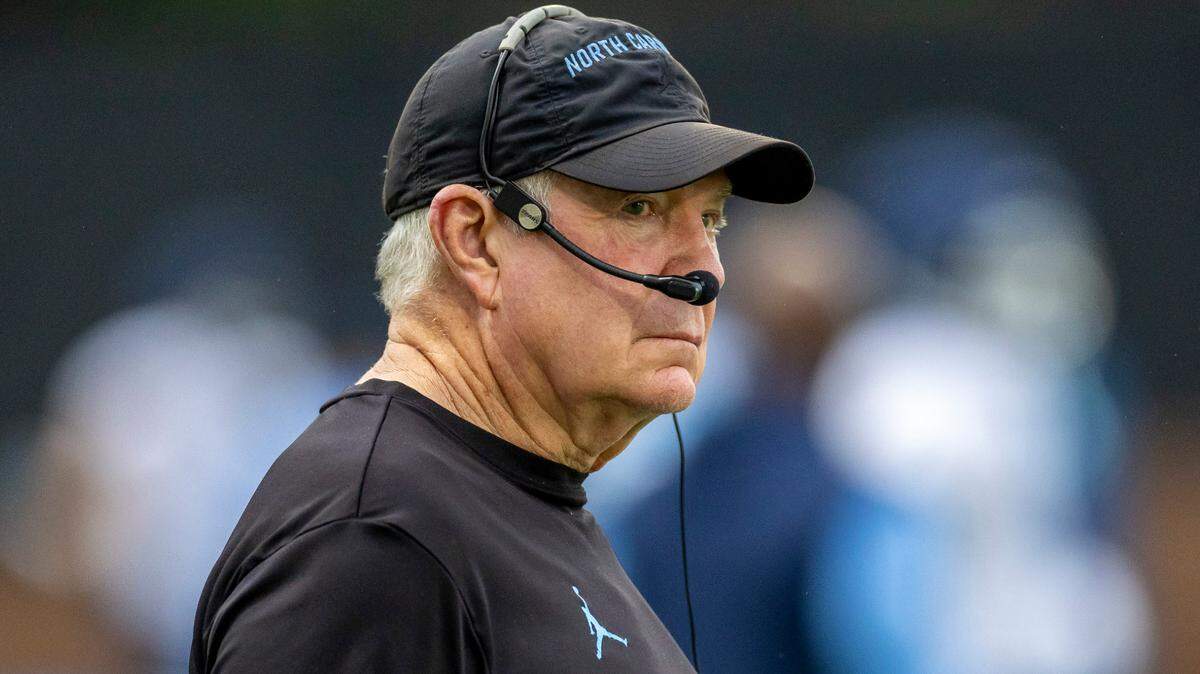 North Carolina coach Mack Brown watches his team during the Tar Heels’ first practice of the season on Monday, July 29, 2024 in Chapel Hill, N.C.