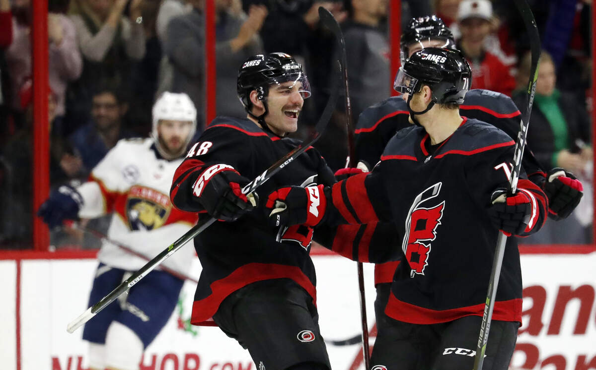 Carolina Hurricanes’ Jordan Martinook (48) celebrates his goal with teammates Lucas Wallmark (71) and Andrei Svechnikov (37) during the third period of an NHL hockey game, Friday, Nov. 23, 2018.