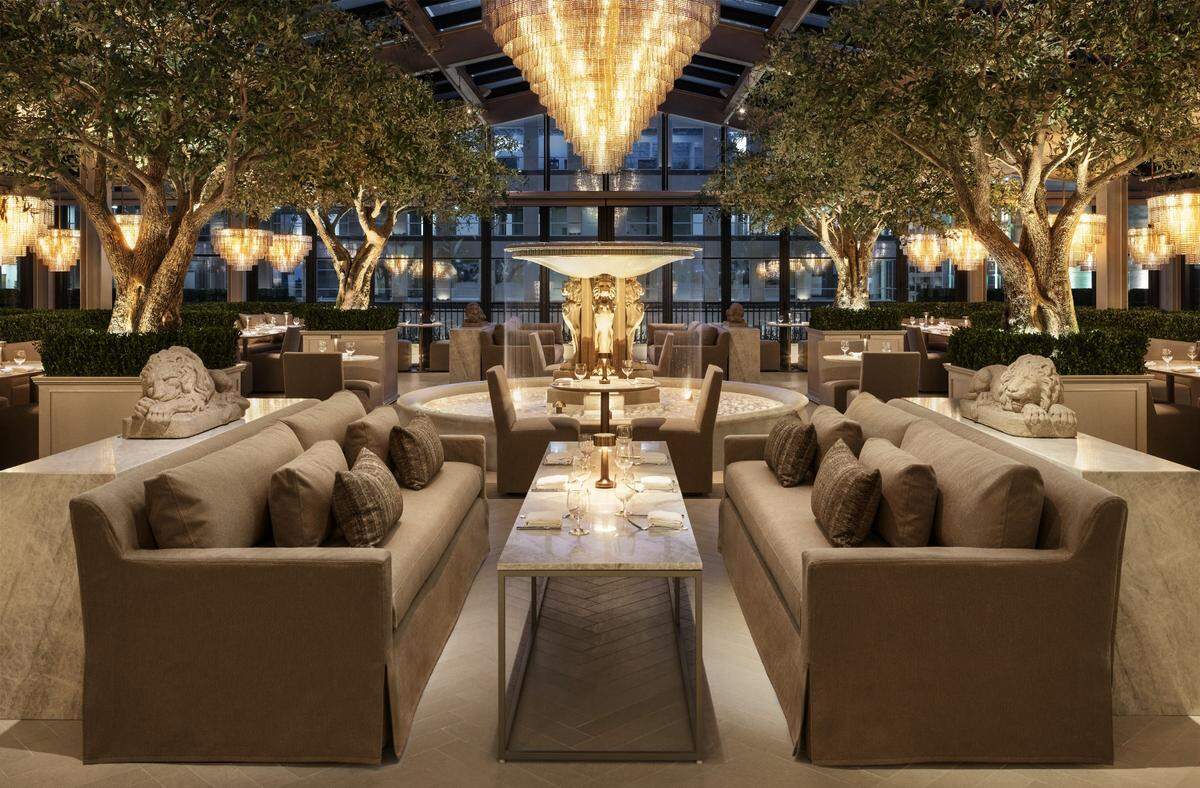 The Rooftop Restaurant at RH Raleigh, The Gallery at North Hills, opens to a wine terrace overlooking North Hills.
