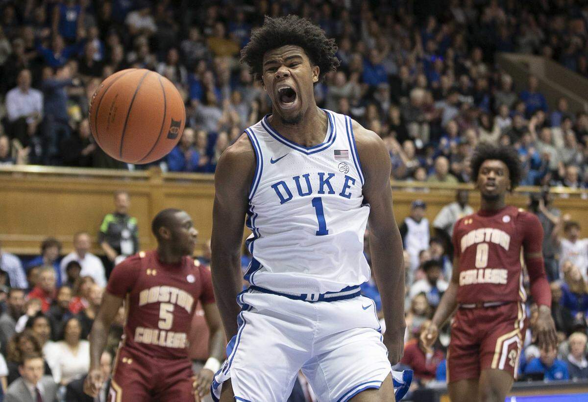 Duke’s Vernon Carey Jr. (1) reacts after a dunk in the first half against Boston College on Tuesday, December 31, 2019 at Cameron Indoor Stadium in Durham, N.C.