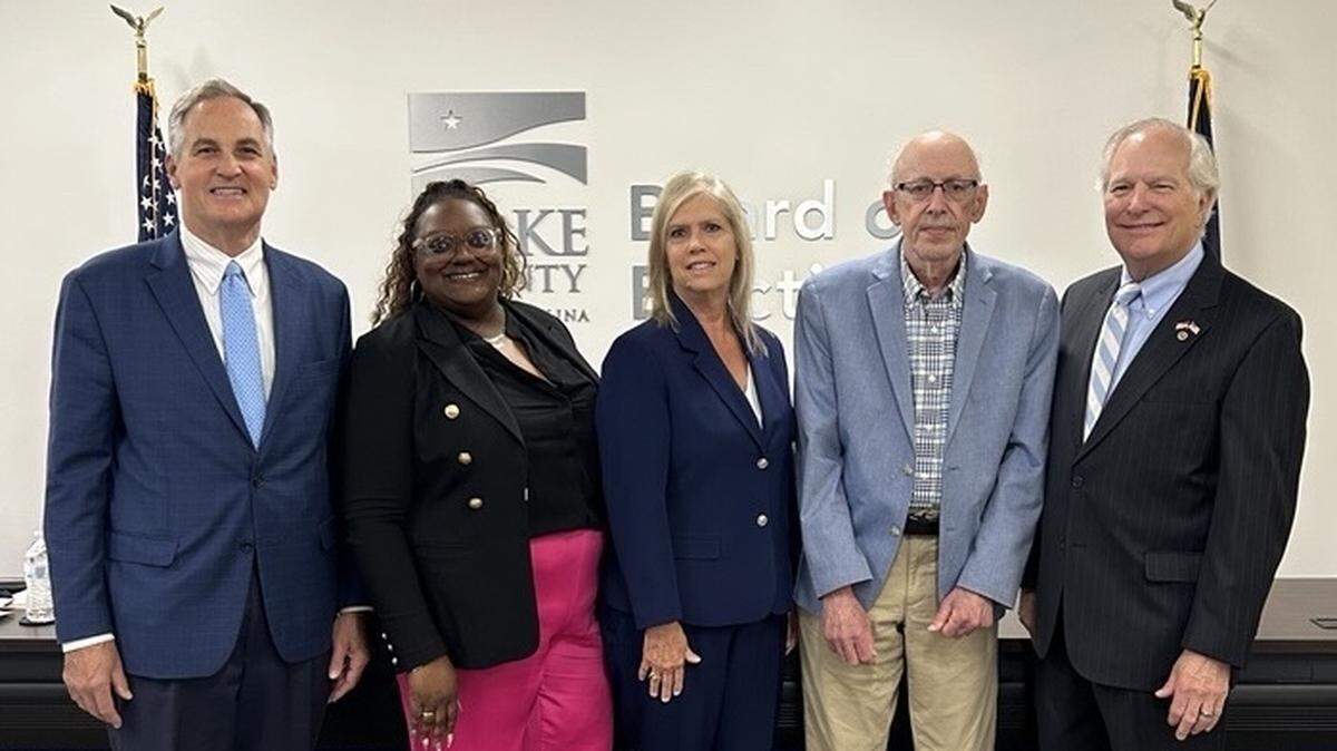 The 2025 Wake County Board of Elections. From left to right: Steven Long, Erica Porter, Chair Angela Hawkins, Gerry Cohen and Keith Weatherly.