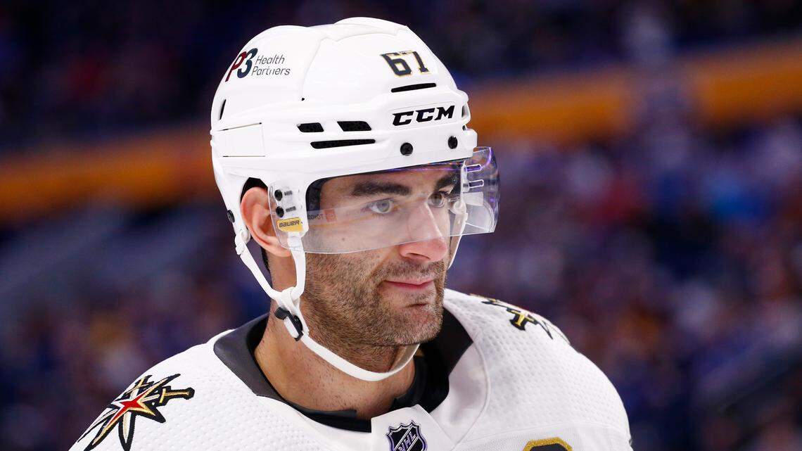 Vegas Golden Knights left wing Max Pacioretty (67) looks on during the second period of an NHL hockey game against the Buffalo Sabres, Thursday, March 10, 2022, in Buffalo, N.Y. (AP Photo/Jeffrey T. Barnes)