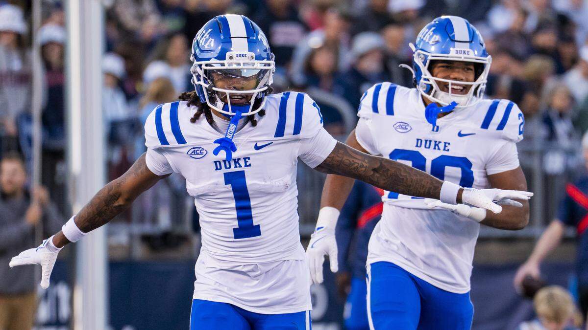 Duke’s Andrel Anthony (1) celebrates after scoring a touchdown against the Connecticut Huskies during the first half of an NCAA football game at Rentschler Field on November 08, 2025 in East Hartford, Connecticut. 