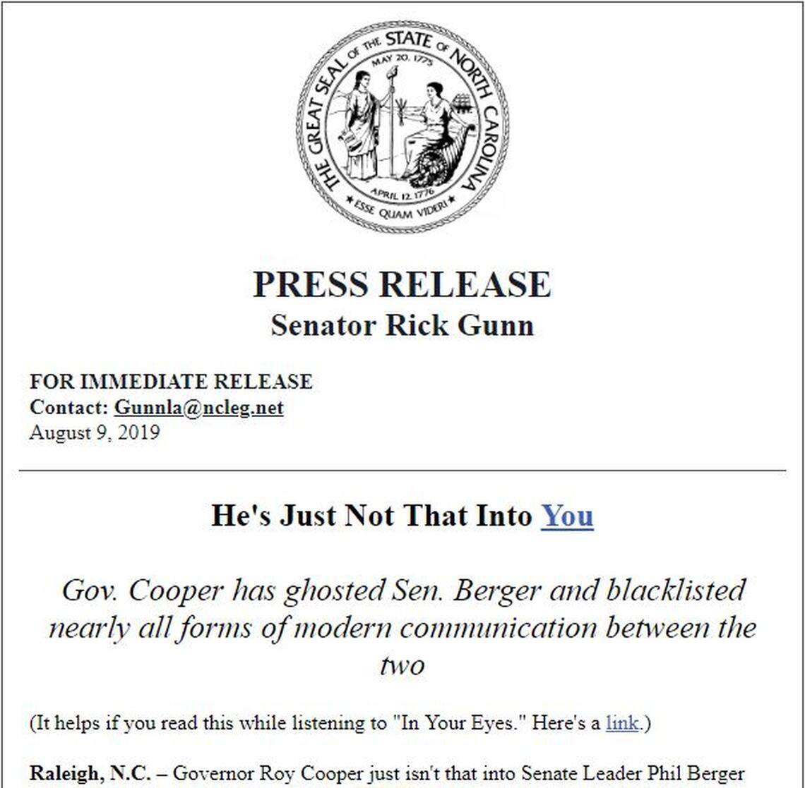 A news release from state Sen. Rick Gunn.