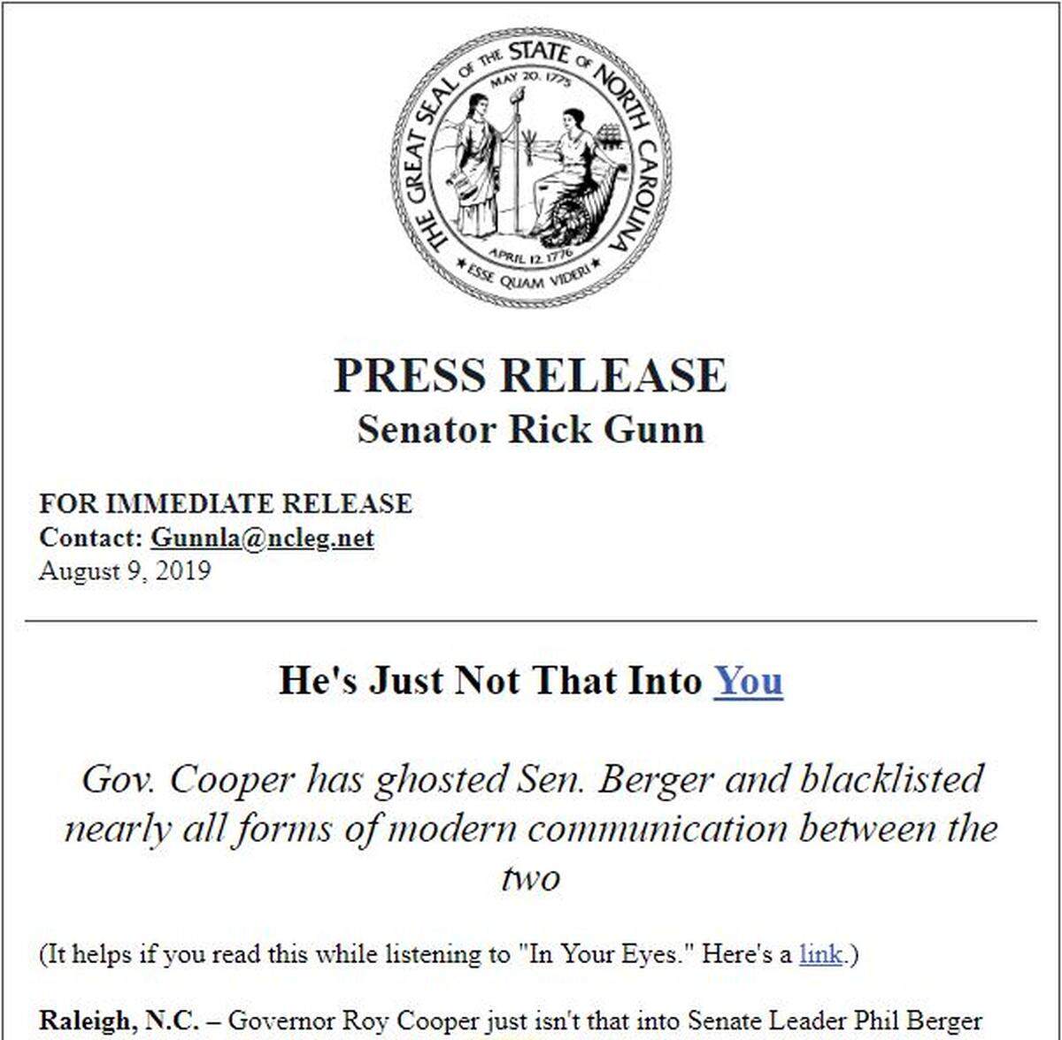A news release from state Sen. Rick Gunn.