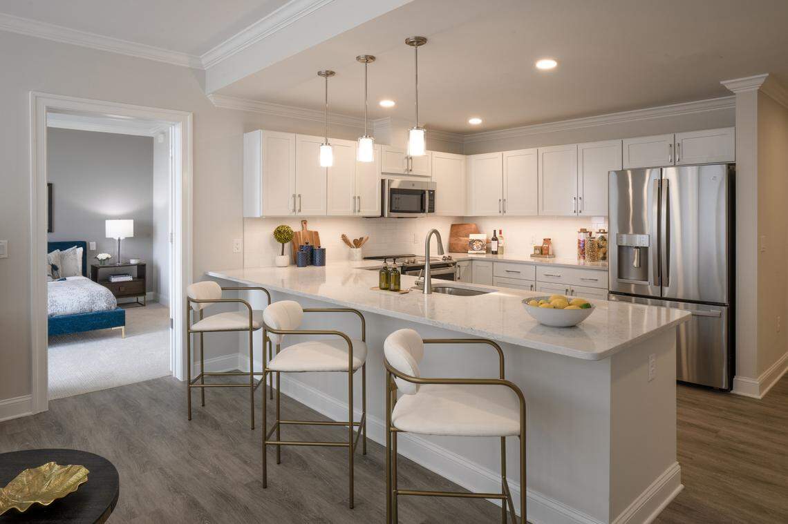 A model kitchen inside the East Tower at The Cardinal at North Hills.