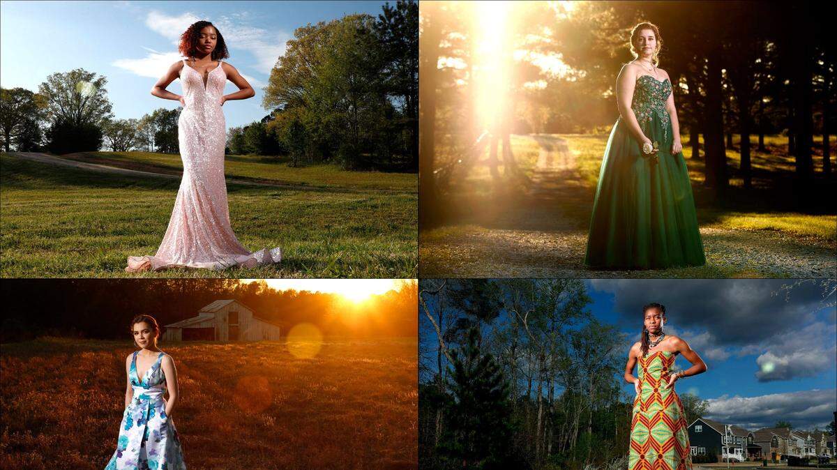 North Carolina seniors in their prom dresses, clockwise from top left, Taylor Debnam, Enloe High School, Maddie Foushee, Garner Magnet High School, Omare McBride, Apex High School and Lauren Kohr, Garner Magnet High School.