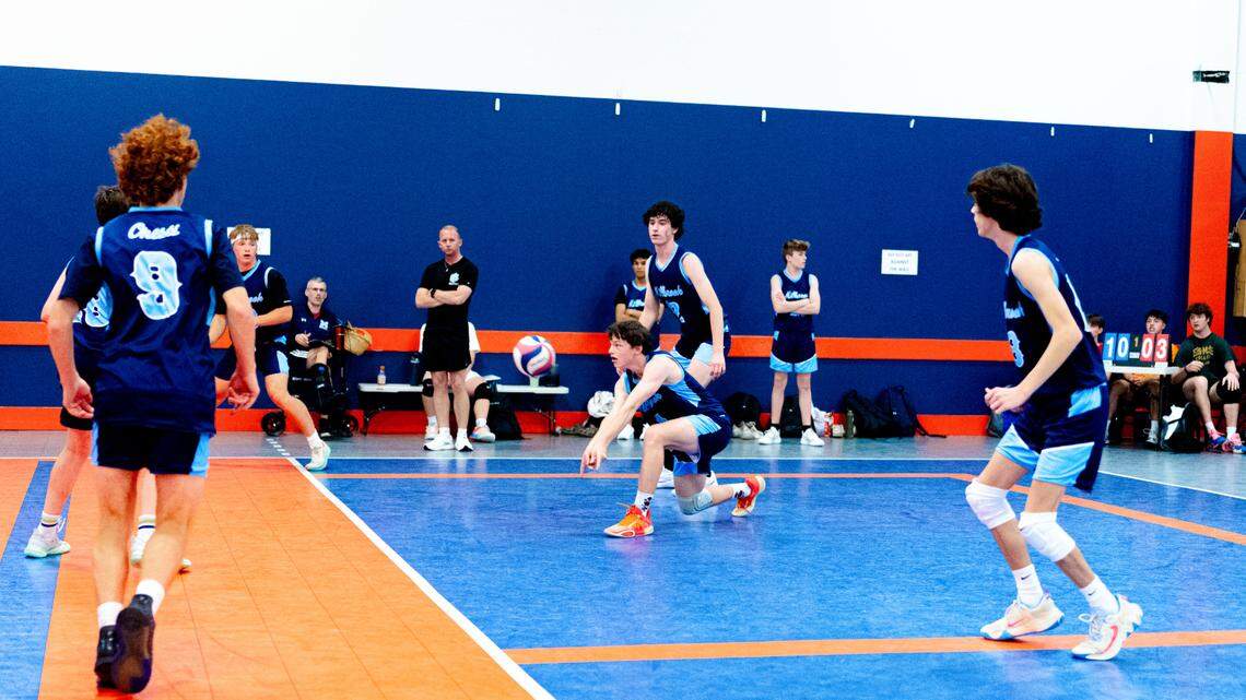 Cash Quinn passes the ball to his Millbrook High School teammates at the 2024 Boys High School Volleyball State Championship held May 2024 at Carolina UVC in Charlotte.