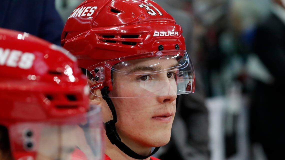 Carolina Hurricanes’ Andrei Svechnikov (37) of Russia watches the action during the first period an NHL hockey game in Raleigh, N.C., Saturday, Oct. 20, 2018. (AP Photo/Chris Seward)