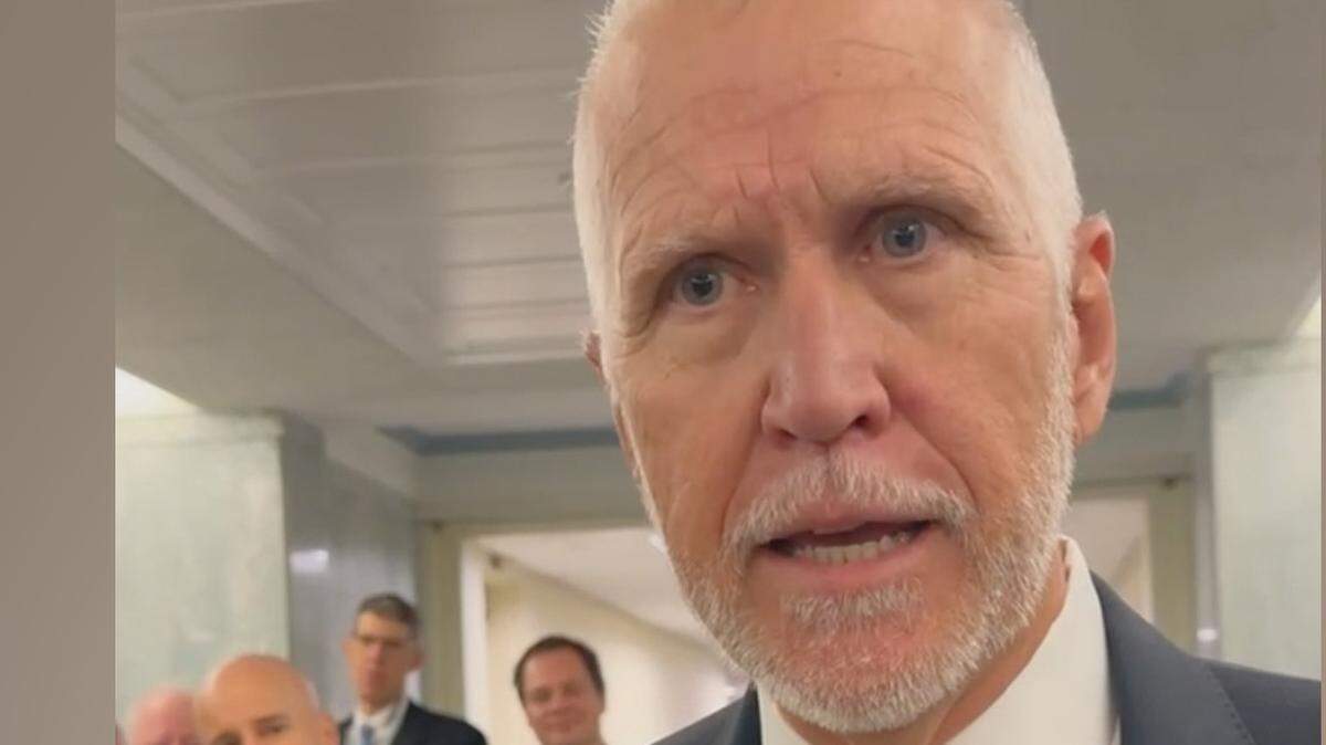 Sen. Thom Tillis of North Carolina talks to reporters Nov. 14, 2024, in the Dirksen Senate Office Building. Tillis confirmed to reporters May 6, 2025, that he would not support the nomination of Ed Martin to serve as Washington’s U.S. attorney, due to his Jan. 6 views.