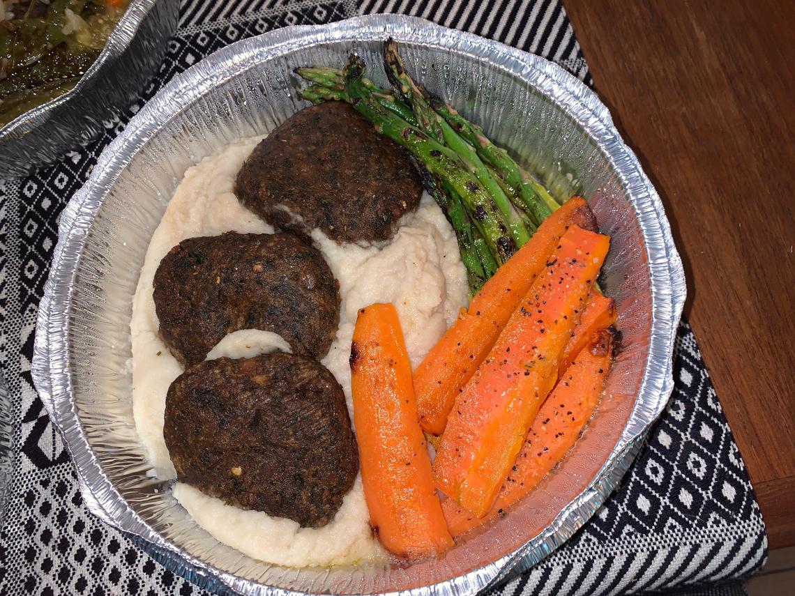 Irregardless Cafe in Raleigh has a menu that covers the spectrum. These vegan falafel croquettes are served on a cloud of cauliflower puree and accompanied by roasted asparagus and carrots.