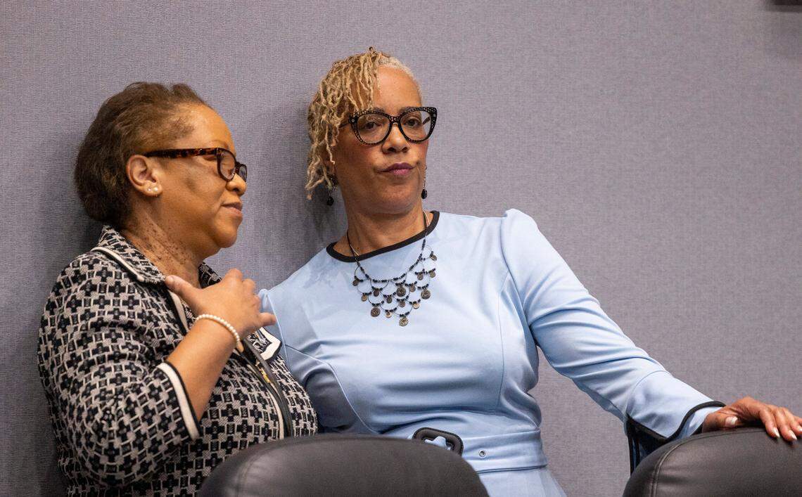 Durham City Manager Wanda Page and Mayor Elaine O’Neal&nbsp;speak after O’Neal delivered her State of the City address Monday, April 17, 2023 at Durham City Hall.