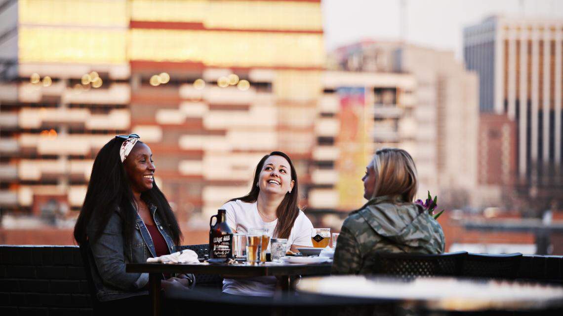 Guests enjoy the outdoor patio at Wye Hill in downtown Raleigh on Wednesday March 10, 2021.