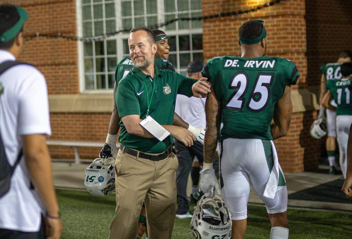 Athletic Director Mike Hill congratulating the team on the win over Fordham. Fordham vs Charlotte 49ers football, Saturday September 1st, 2018