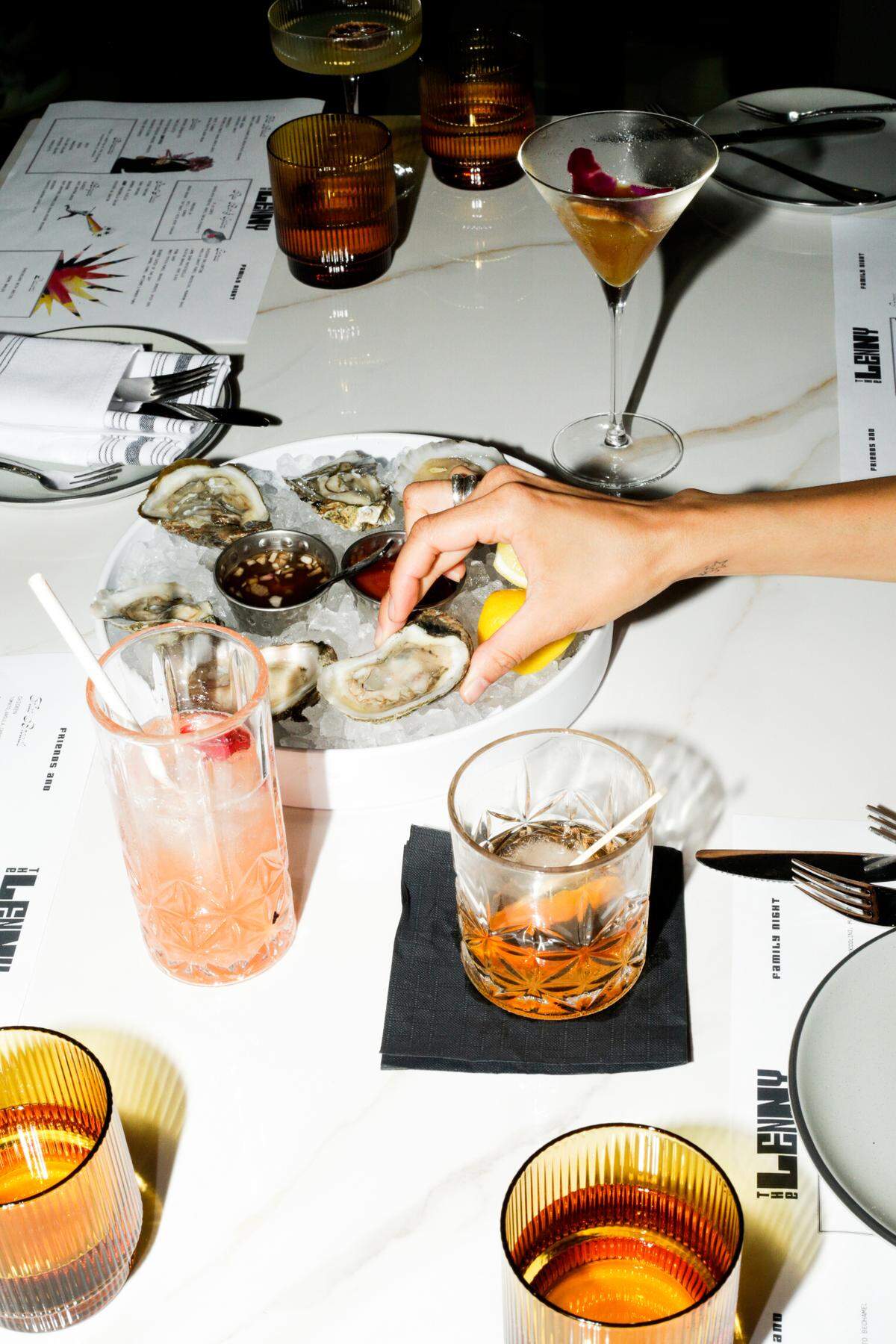 The Lenny offers a “Brasserie-style” menu, its owners say, with a shellfish tower, small plates and big steaks.