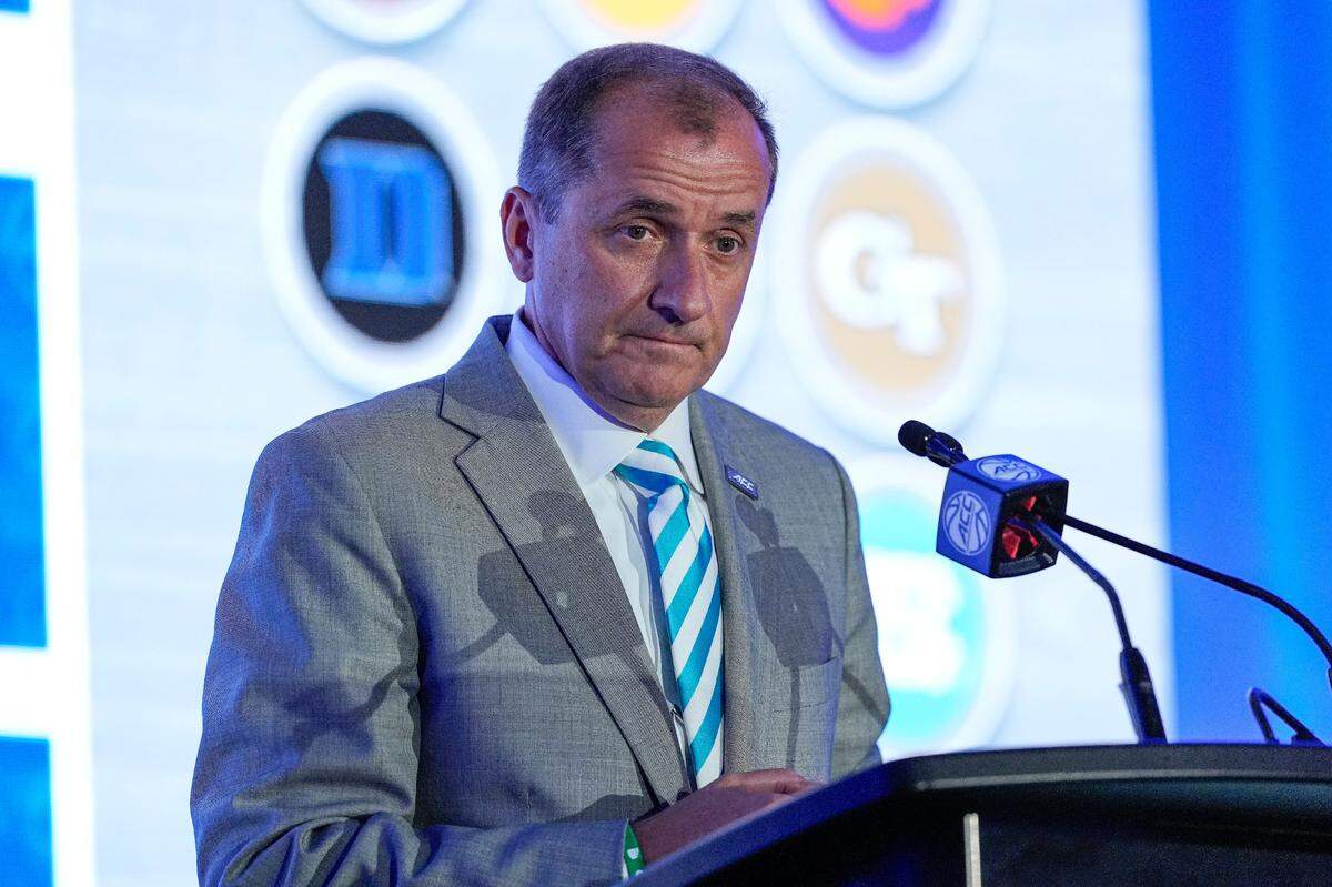 Oct 9, 2024; Charlotte, NC, USA; ACC commissioner Jim Phillips during ACC Media Days at The Hilton Charlotte Uptown. Mandatory Credit: Jim Dedmon-Imagn Images