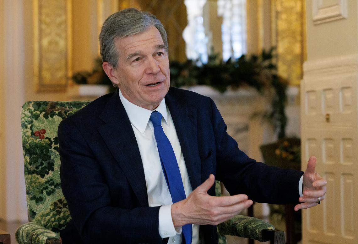 Gov. Roy Cooper speaks at the Executive Mansion on Thursday, Dec. 12, 2024, in Raleigh, N.C.