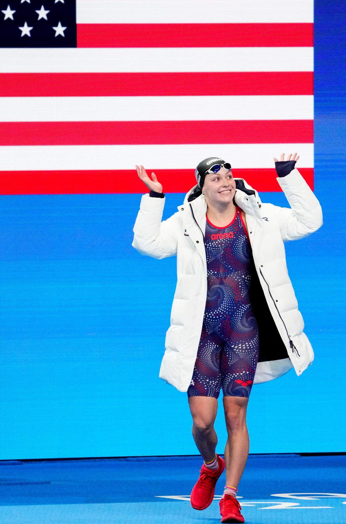 Jul 30, 2024; Nanterre, France; Katharine Berkoff (USA) in the women’s 100-meter backstroke final during the Paris 2024 Olympic Summer Games at Paris La Défense Arena.