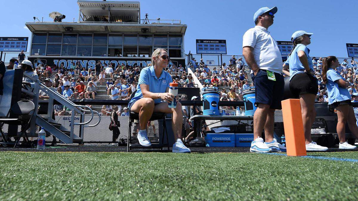 UNC women’s lacrosse head coach Jenny Levy on the sidelines May 29, 2022, at Homewood Field at John Hopkins University. North Carolina won its third NCAA championship after defeating Boston College. Levy has the third most career wins in NCAA Division I history and was named National Coach of the Year for the third time by the Intercollegiate Women’s Lacrosse Coaches Association.