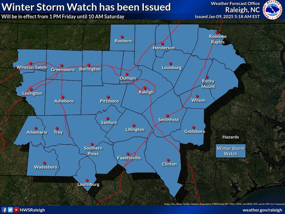 A winter storm watch has been issued for much of central and western North Carolina.